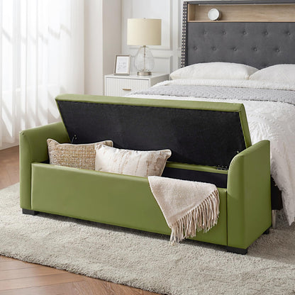 The support you need 58" Faux Leather End of Bed Storage Bench with Flared Arms & Tufted Seating, Large Elegant Transitional Upholstered Bedroom Benches, Flip Top Entryway Ottoman Footrest, Moss