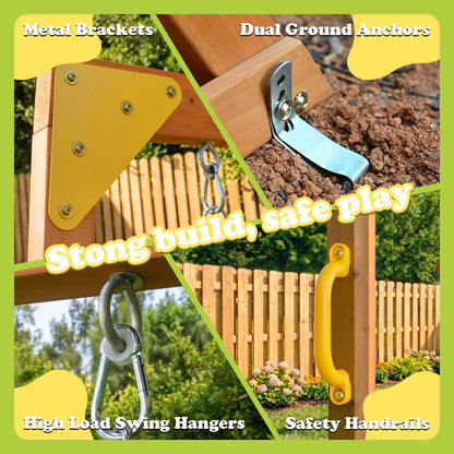 SUNIBOXI Wooden Swing Sets for Backyard, Kids Outdoor Playground Set with Monkey Bars, Slide, Swings, Climbing Ladder, Rock Wall, Picnic Table with Canopy for Ages 3-10