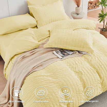 HYMOKEGE Queen Comforter Set - Luxury 7-Piece Seersucker Bedding Set for All Seasons | Yellow