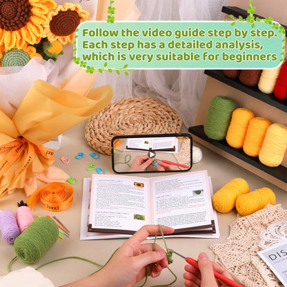 Iuuidu Crochet Kit for Beginners, Sunflower Beginners Crochet Kit, Crochet Flower Bouquet Kit, Knitting Starter Kit for Adults with Step-by-Step Video Tutorials Birthday Wedding Day Present