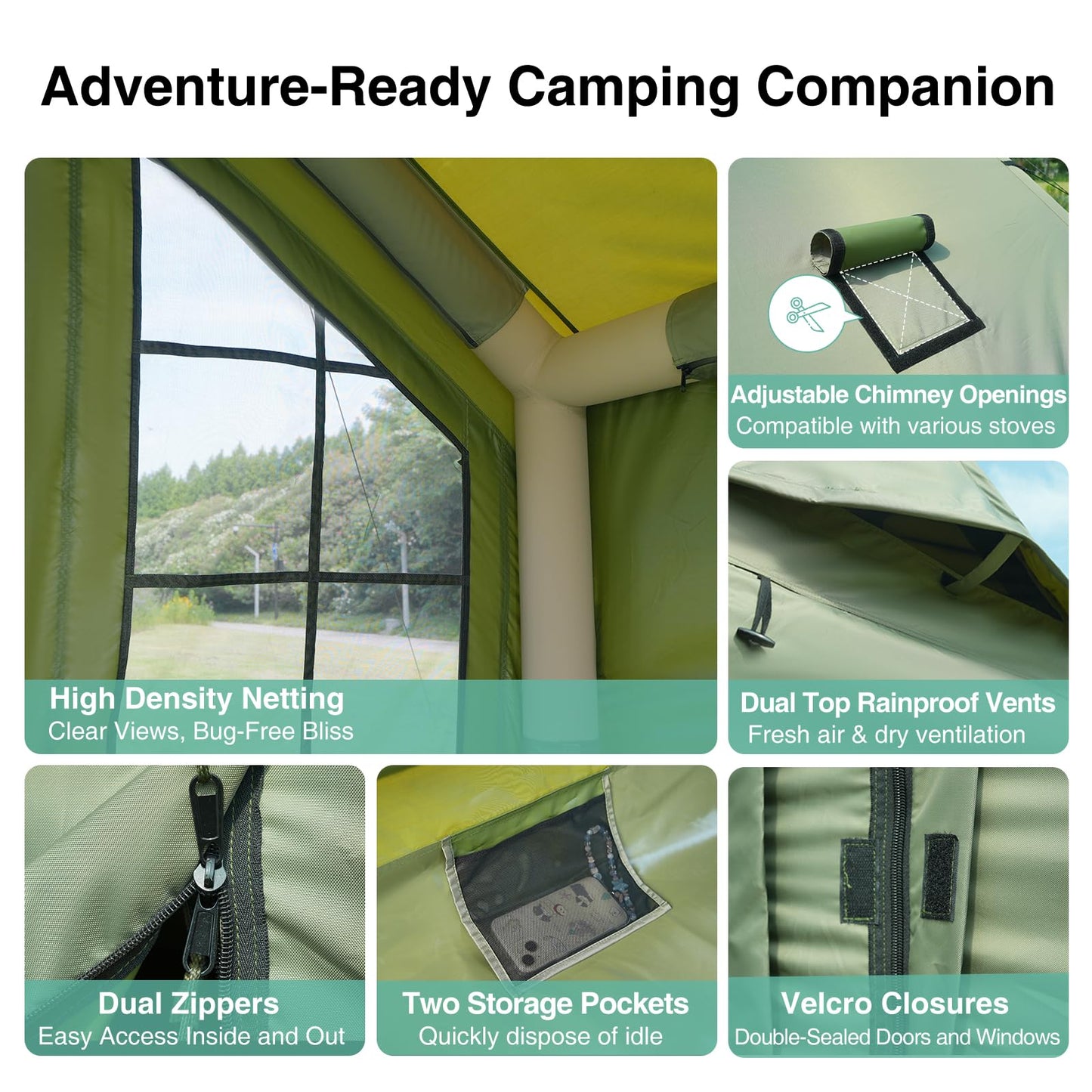 KNUO 2026 Upgraded 100% Waterproof Inflatable Camping Tent for 6~8 People, Large Blow-Up Air Tent, No Assembly Needed Luxury Glamping House, 12x15ft Oxford Fabric, Green