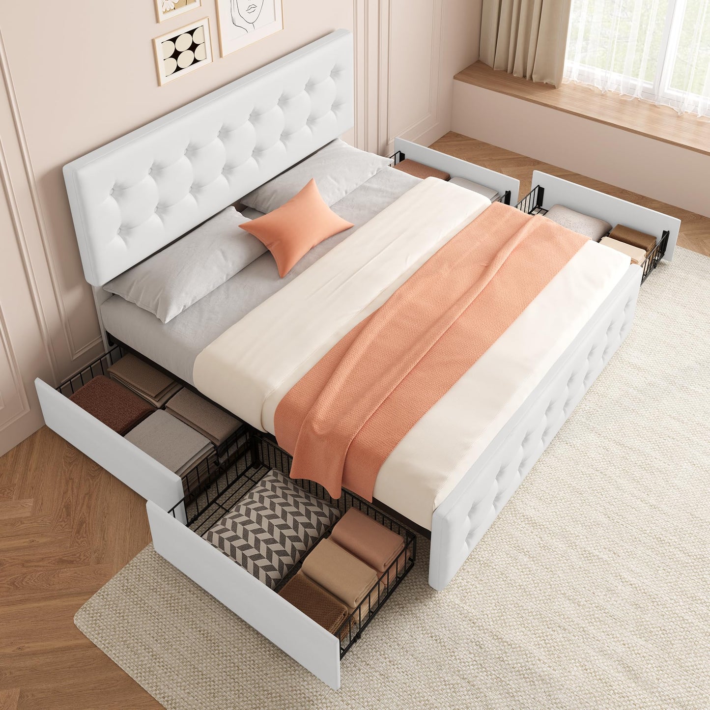 IDEALHOUSE King Size Bed Frame with 4 Storage Drawers and Headboard, Faux Leather Upholstered Platform Bed Frame with Wooden Slats Support, Button Tufted Design, No Box Spring Needed, White