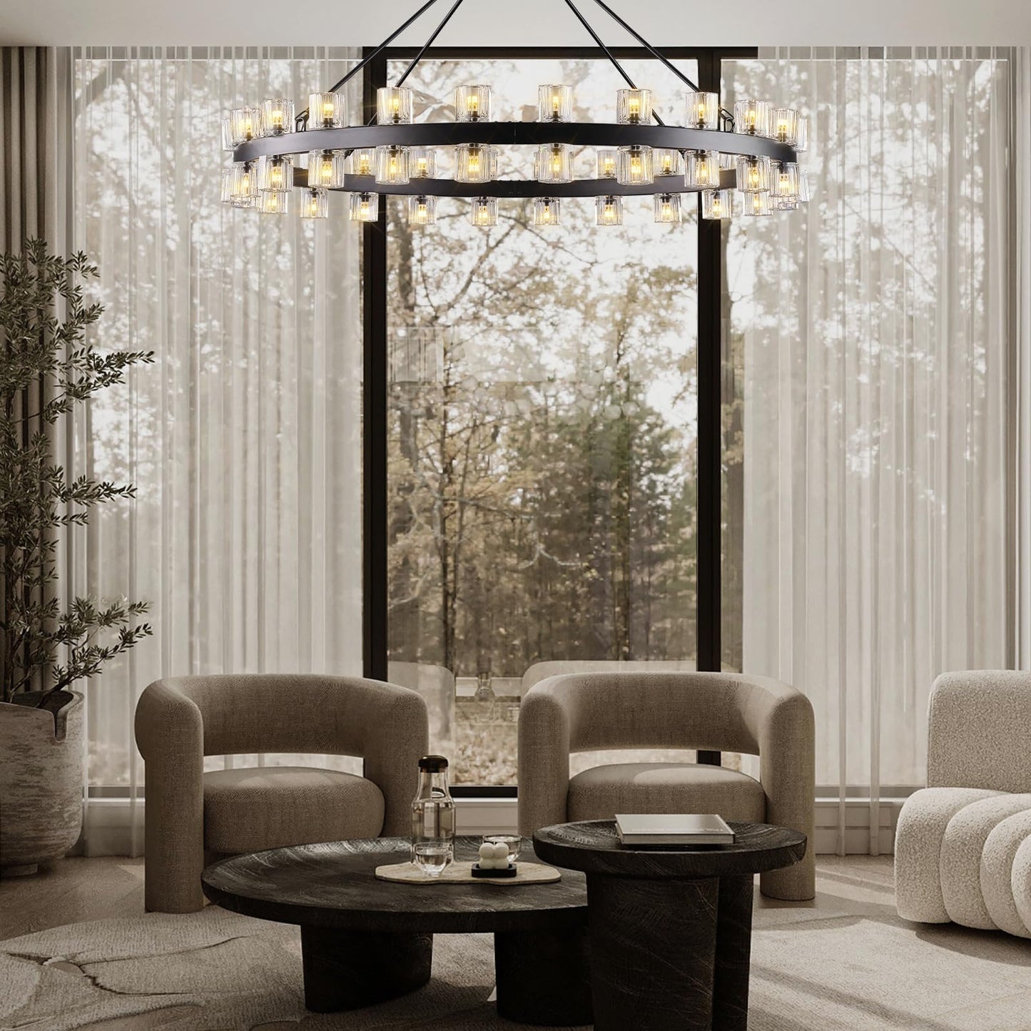 Plsintly 48 Inch Black Wagon Wheel Chandelier with Crystal Shade, Crystal Chandelier, Modern Farmhouse Style, Ideal for Dining Room, Kitchen, Entryways,48 Lights (Bulbs Included)
