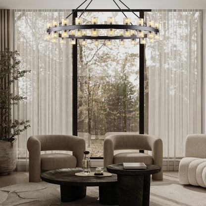 Plsintly 48 Inch Black Wagon Wheel Chandelier with Crystal Shade, Crystal Chandelier, Modern Farmhouse Style, Ideal for Dining Room, Kitchen, Entryways,48 Lights (Bulbs Included)