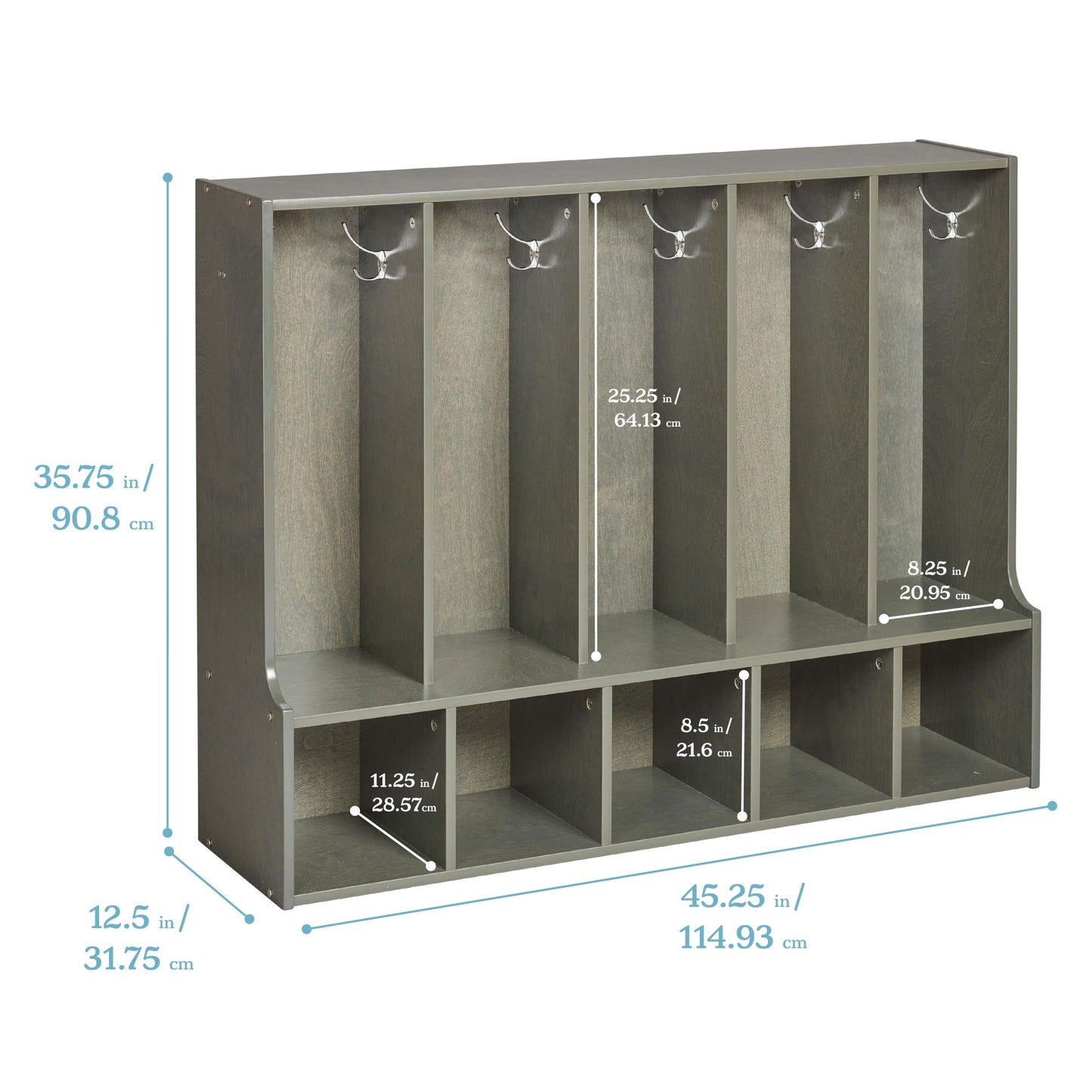 ECR4Kids Streamline 5-Section Toddler Coat Locker with Bench, Classroom Furniture, Grey Wash