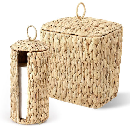 Skiennix Wicker Waste Basket - Handwoven Water Hyacinth Trash Can with Lid | Rustic Decorative 2.5 Gal for Home
