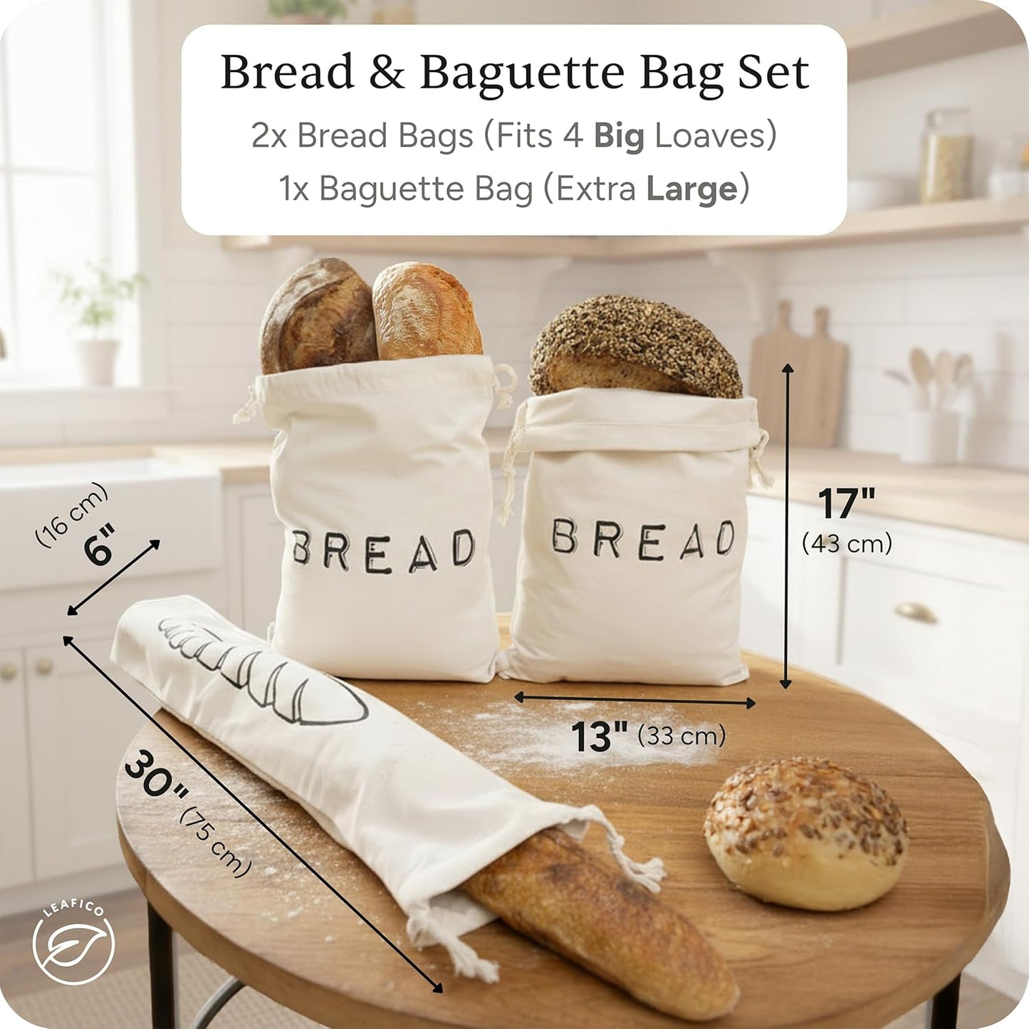 2 1 Leafico Reusable Bread Bags Cotton Storage Bags + Baguette Bag with Food Safe TPU Liner For Homemade Bread