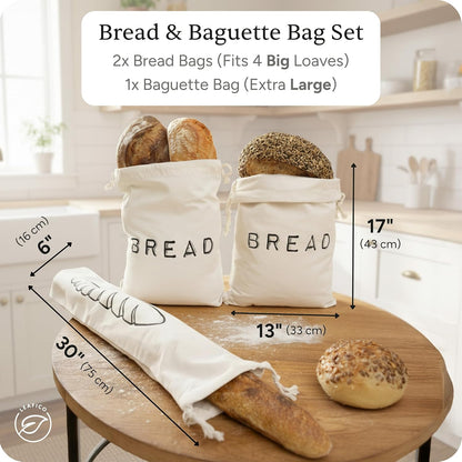 2 1 Leafico Reusable Bread Bags Cotton Storage Bags + Baguette Bag with Food Safe TPU Liner For Homemade Bread