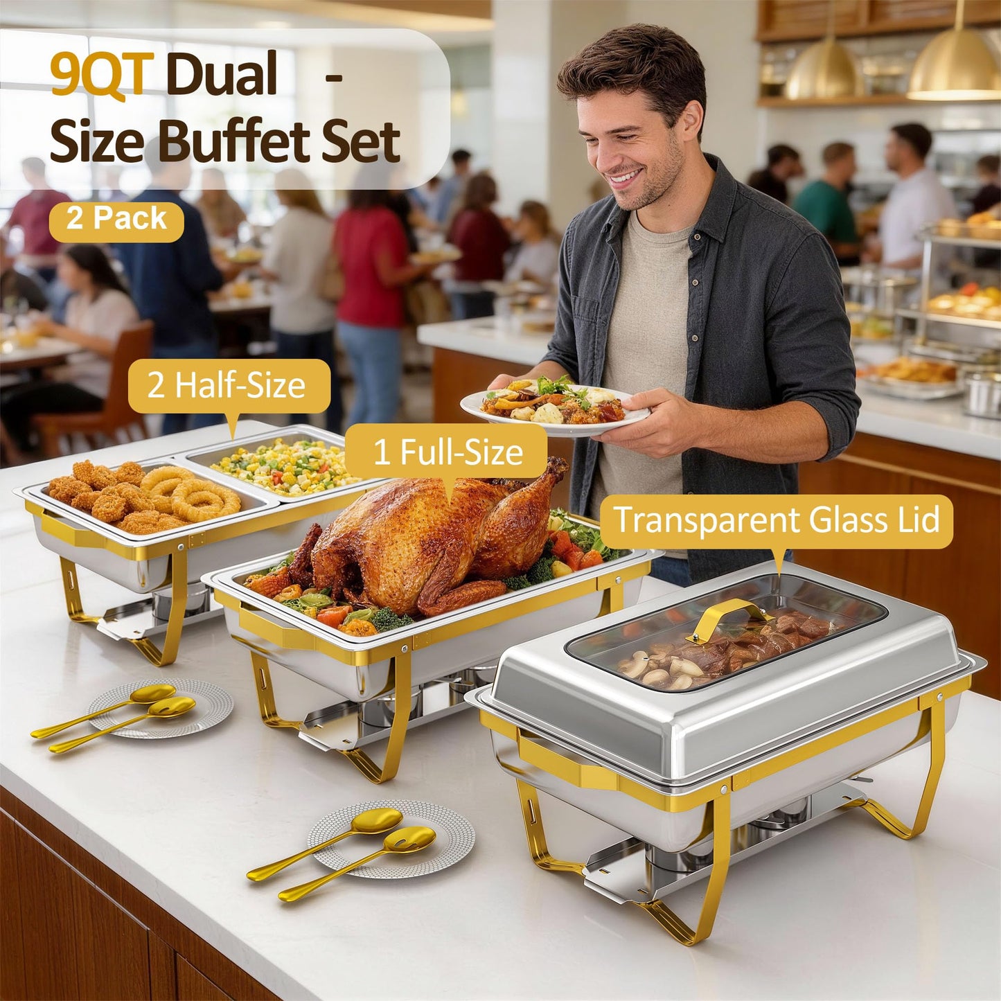 EffiQ-Rate Chafing Dishes for Buffet, 2-Pack Hot Cold Food Warmer with Glass Lid, 9QT Large Capacity Stainless Steel Buffet Servers, Complete Set with Utensils for Catering Party Wedding Outdoor