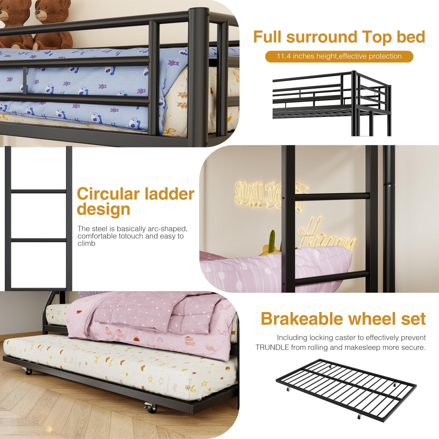 Nuturelly Metal Bunk Bed Twin Over Full with Trundle, Heavy Duty Steel Frame Bunk Bed Frame with Safety Guardrails & Ladder, Space Saving 3 Beds for Kids, Teens, Dorm, Black