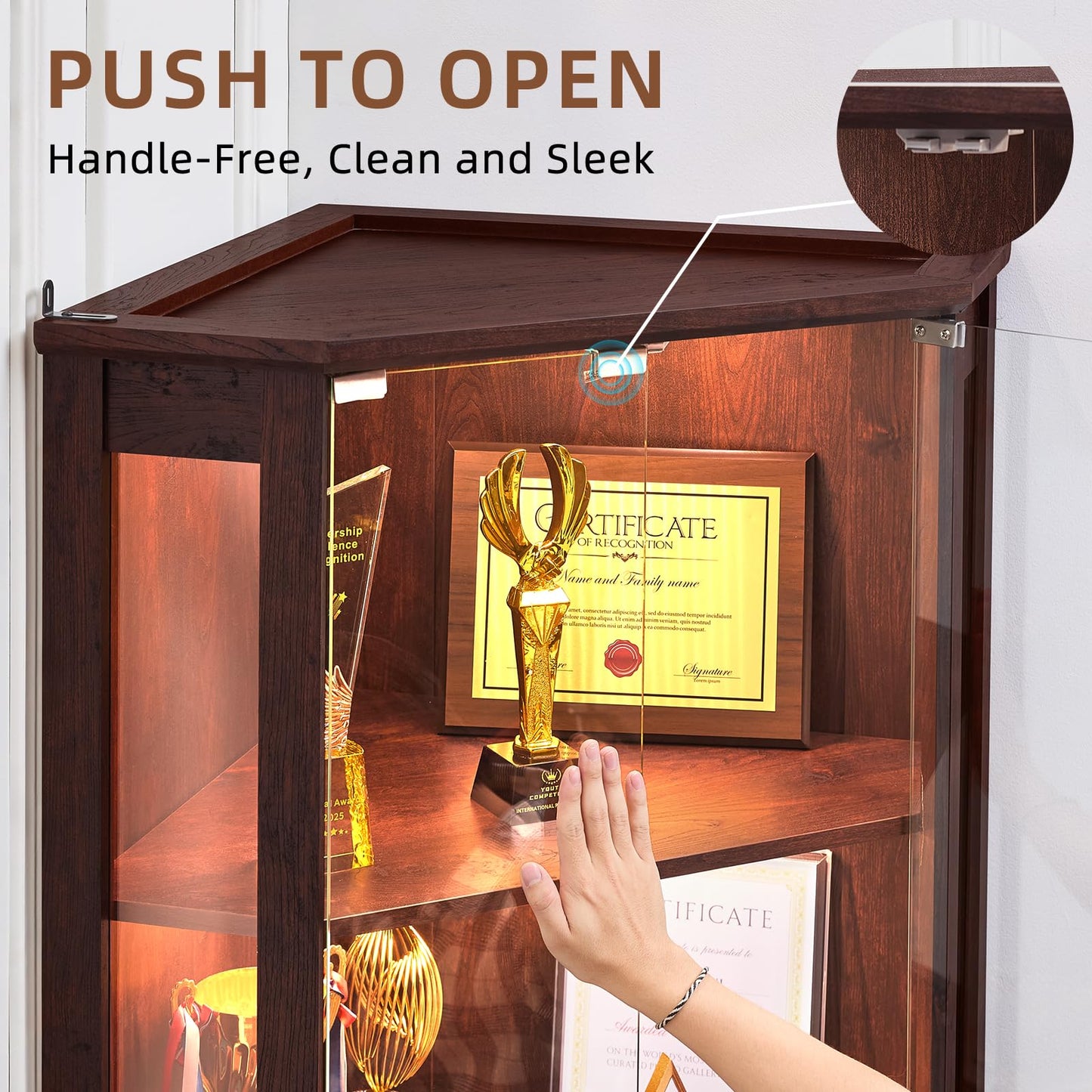 LELELINKY Farmhouse Glass Display Cabinet Set of 2 with Doors, Corner Curio Cabinet for Collectibles, Wooden Display Cabinets for Home, Office, Living Room, Corner, Walnut