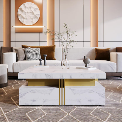 Merax Modern White and Gold Square Coffee Table with 4 Drawers, Ample Hidden Storage, Durable MDF Construction, Sleek Accent End Table for Living Room, Lounge, and Apartment Decor, White