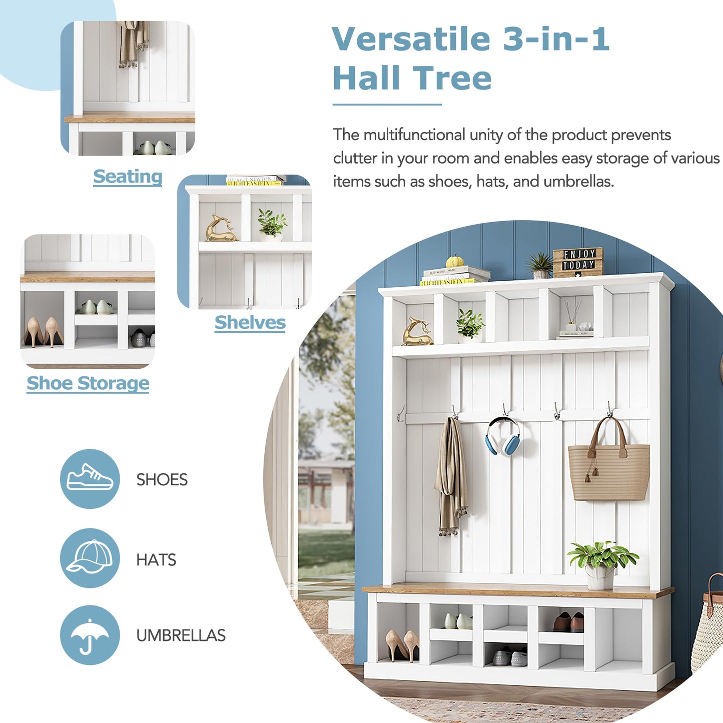 Farmhouse Wood Hall Tree with Bench and Shoe Storage, 5-in-1 Coat Rack with 6 Hooks for Entrance, Hallway White