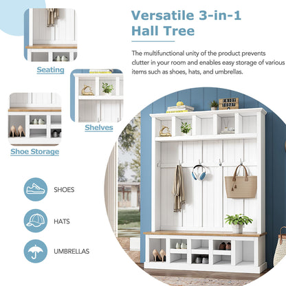 Farmhouse Wood Hall Tree with Bench and Shoe Storage, 5-in-1 Coat Rack with 6 Hooks for Entrance, Hallway White