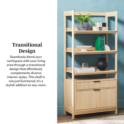 Walker Edison Transitional Open Reeded 4-Shelf Bookshelf with Drawers on Bottom, Versatile Bookcase with Bottom Storage for Home Office, Living Room, Bedroom, 33”W x 16.75”D x 70”H, Coastal Oak