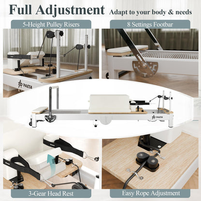 PAETA Pilates Reformer, 92” Aluminum Reformer Pilates Machine, Foldable Pilates Machine Equipment, with Music Wire Springs and Jump Boards, Cream White