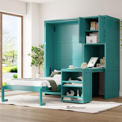 Merax Twin Size Rotating Wall Murphy Beds, Wood Folding Murphy Wall Bed with Bookshelf, Top Cabinet, Extendable Desk & Side Storage, Teal