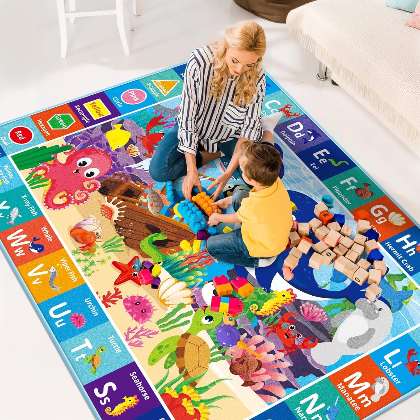 59X39.4 INCH) Baby Play Mat for Floor, ABC Kids Play Mat, Sea Animals Kids Rugs for Girls and Boys Playroom, Foldable