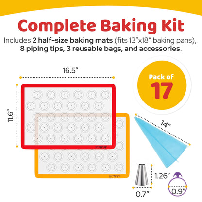 HOTPOP Piping Bags and Tips Set for Macarons - 17-Piece Baking Supplies Kit - Reusable Silicone Pastry Bags - 2 Half-Size Baker Mats - Ideal for Home Pastry Baking (16.5"x11.5")