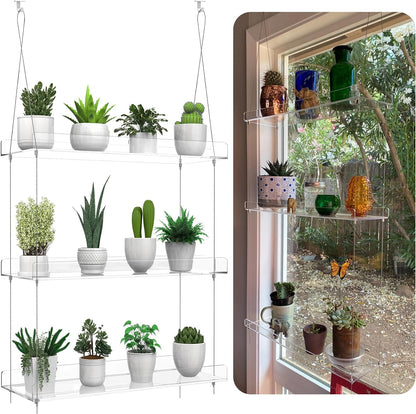 ZerzSemp 3-Tier 16 Inch Hanging Clear Plant Shelves for Windows, Acrylic Window Wall Plant Stand Shelf for Kitchen