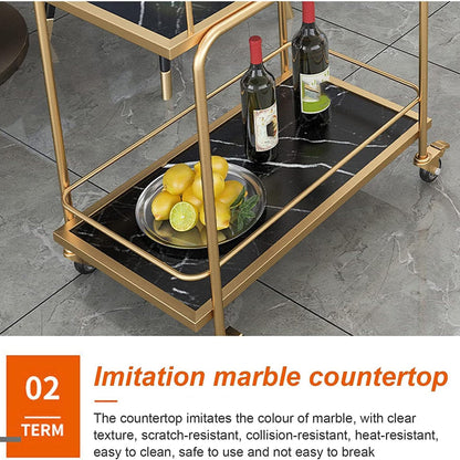 3-Tier Bar Cart with Wheels, Gold Metal Frame with Marble Pattern Shelves, Rolling Serving Trolley with Lockable Casters, Kitchen Living Room Storage Cart, 27x15x34 Inches