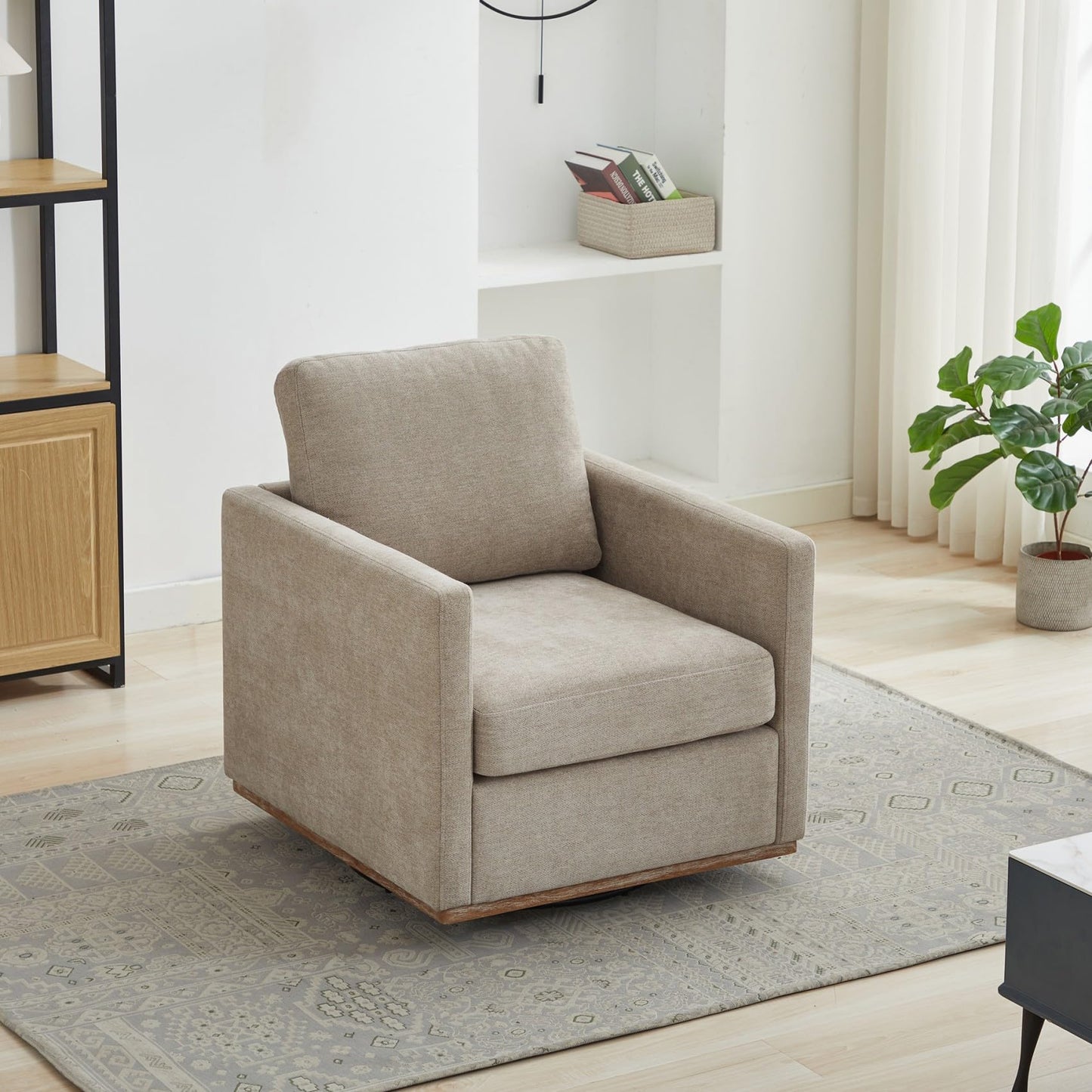 KEIKI 360° Swivel Club Chair with Backrest Pillow, Accent Square Single-seat Armchair Upholstered Sofa for Reading, Nursery, Living Room, Bedroom, Lounge, Hotel