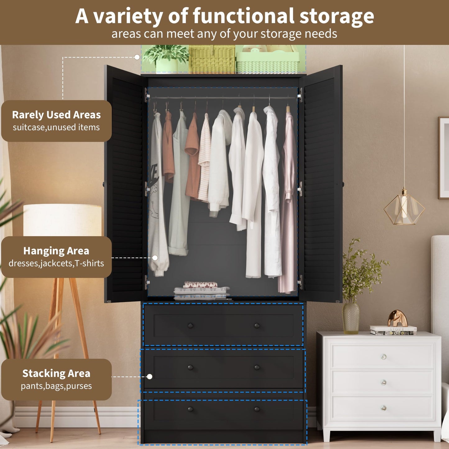 GarveeHome Armoire Wardrobe Closet with 3 Drawers, 69.5" Wooden Wardrobe Cabinet, Hanging Rod, 2 Doors Clothing Storage Cabinet for Bedroom, Large Capacity Storage, Louvered Door, Black