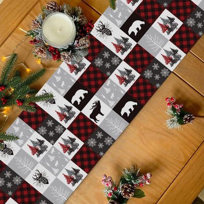 Christmas Table Runner 72 Inch, Buffalo Plaid Checkered Snowflake Elk Xmas Tree Bear for Holiday Kitchen