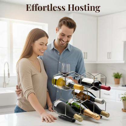 CASA VELUTI Countertop Wine Rack - 8-Bottle - Stainless Steel & Charcoal Oak - 3 Tier Tabletop Wine Holder Stand for Cabinet, Pantry - Freestanding - No Assembly Required
