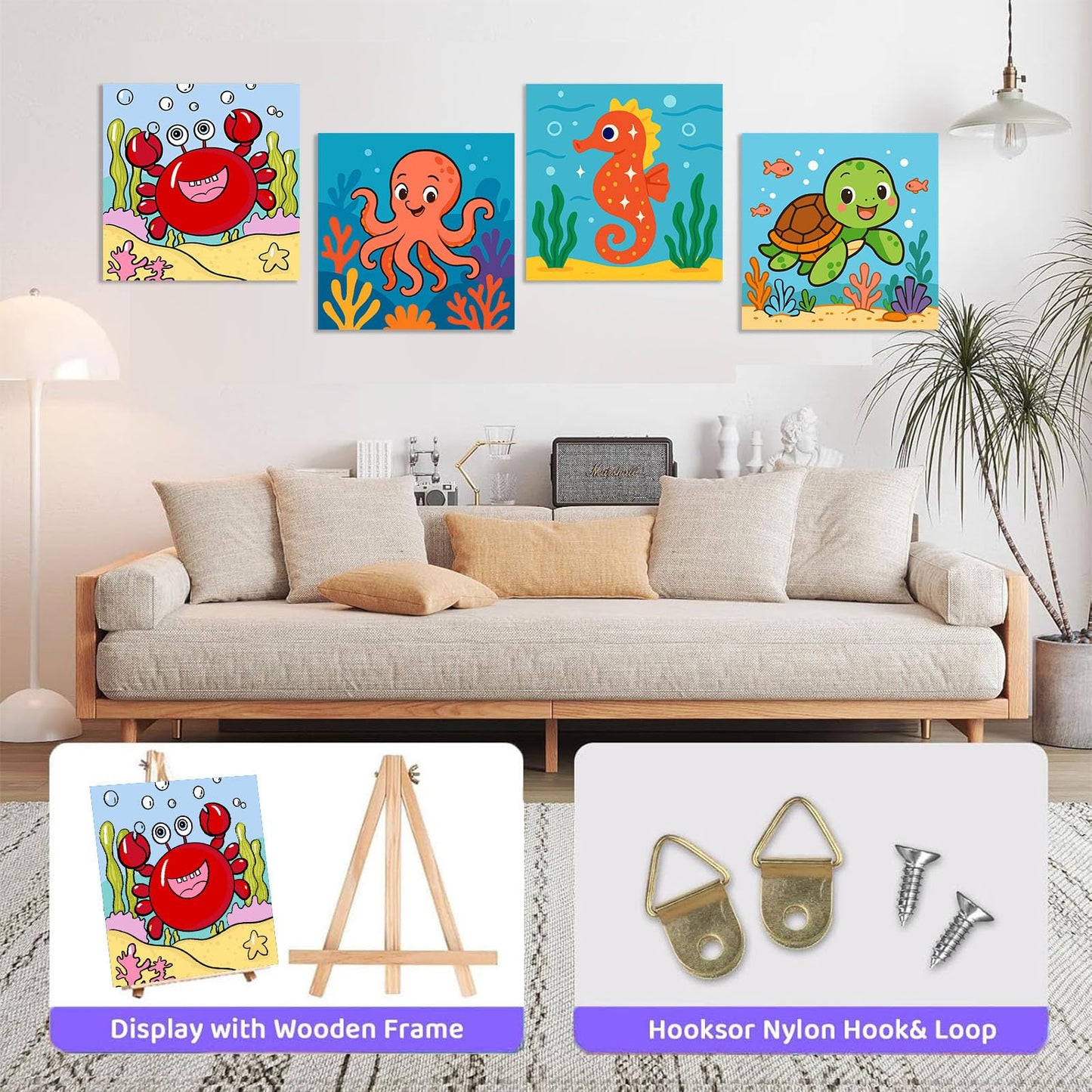 4 Pack Paint by Numbers Kit for Kids with Frame - Animals Paint by Number for Kids, Marine Animals Kid Painting by Number Kits Age 5-8, DIY Acrylic Oil Painting Kits for Home Wall Decor (8X8inch)