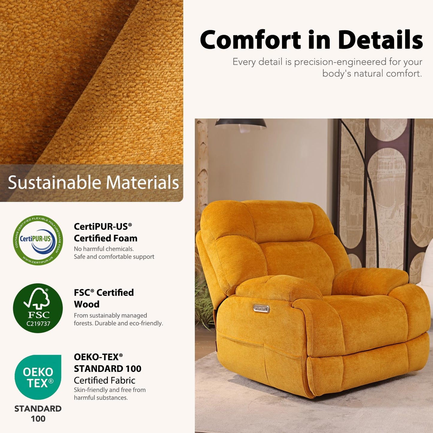 EONIX Dual Motor Zero Gravity Power Recliner Chair with Heat and Massage, 400lbs Lay Flat Recliner Sofa Chair with Extended Footrest, Cozy Padding and Cushion, SXXY007032, Orange