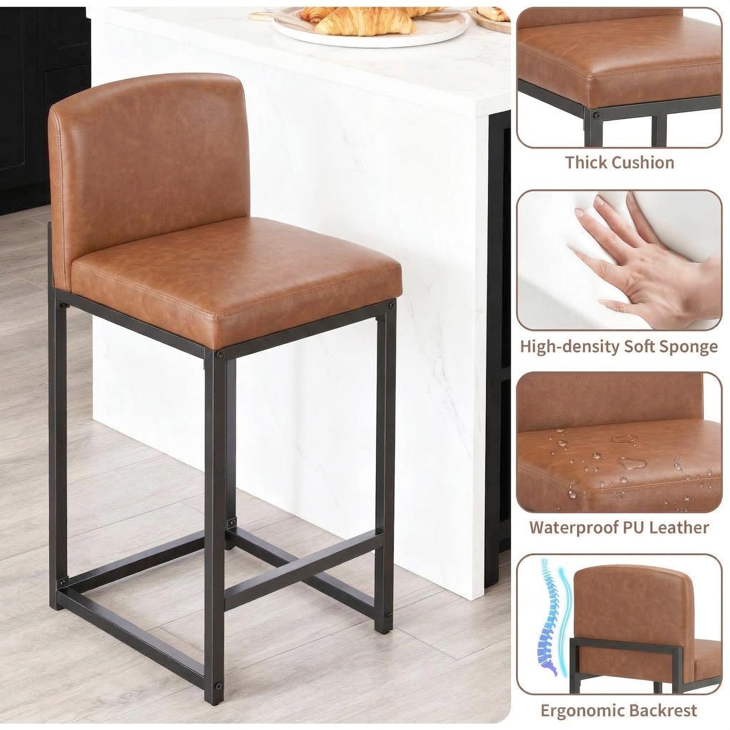 GarveeHome Bar Stools Set of 4, Modern Counter Height Bar Stools with Back and Footrest, Faux Leather Upholstered Barstools Chairs for Kitchen Island Dining Room Bar, Brown