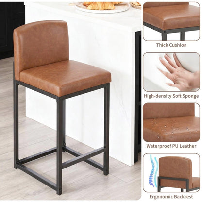 GarveeHome Bar Stools Set of 4, Modern Counter Height Bar Stools with Back and Footrest, Faux Leather Upholstered Barstools Chairs for Kitchen Island Dining Room Bar, Brown