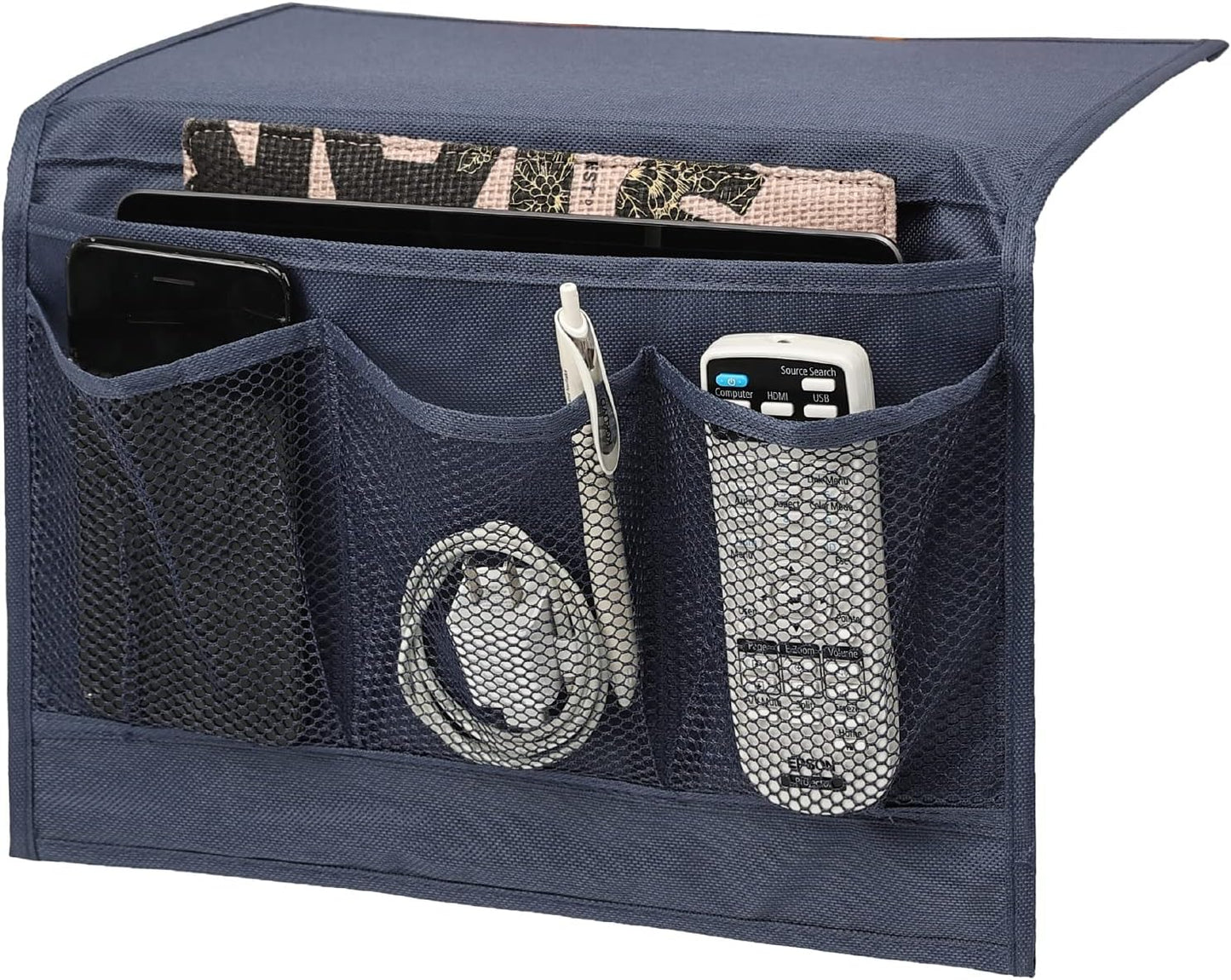 4 Surblue Bedside Caddy Pockets Bedside Storage Organizer for TV Remote Control Phone Glasses Magazine (Navy)