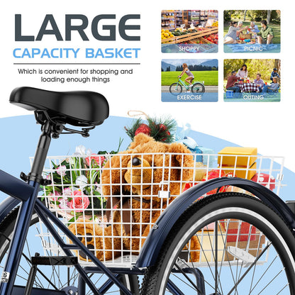 Slsy Adult Mountain Tricycle, 7 Speed Three Wheel Bike, 24/26 Inch Adults Trikes for Seniors with Shopping Basket, Exercise Men's Women's Tricycles