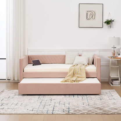 DNYN Velvet Daybed with Pop-up Trundle and USB Ports for Bedroom/Guest/Living Room, Space-Saving Twin Size Bed Frame with Side Pockets and V-Grained Backrest Design, No Box Spring Needed