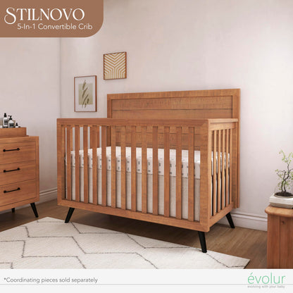 Evolur Stilnovo Mid-Century 4-in-1 Convertible Crib in Sugarcane – Greenguard Gold Certified, Solid Wood Construction, 3 Mattress Heights – Converts to Toddler, Daybed & Full-Size Bed