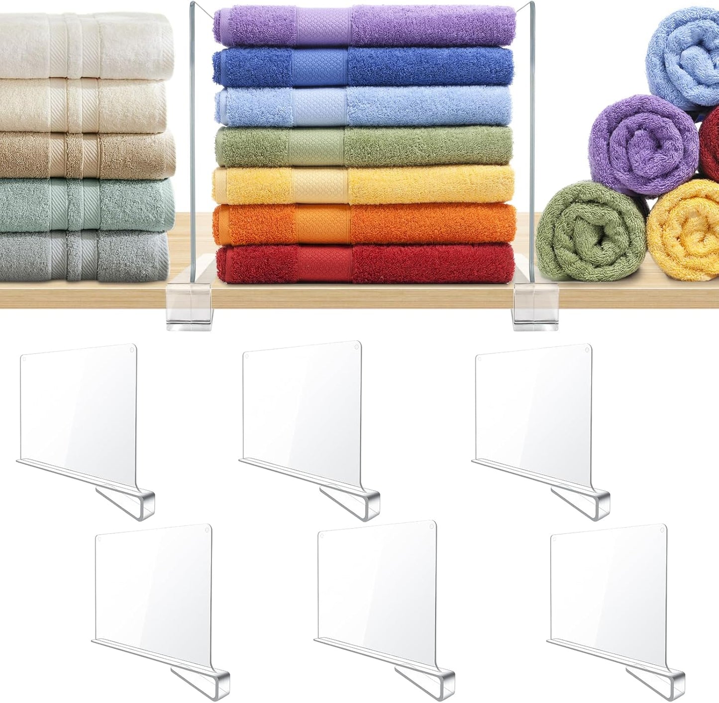 BAUMFEUER 6 Pack Closet Clear Acrylic Shelf Dividers for Shelf Organizer of Bedroom Kitchen Office Bathroom Organizer