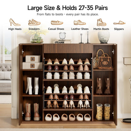 ONBRILL Large Shoe Cabinet with 2 Flip Drawers (3-Tier Each), 27-35 Pairs Shoe Organizer with Storage Drawer, 2 Doors & Open Shelf, 47.2'' Wide Shoe Storage Cabinet for Entryway Hallway (Walnut)