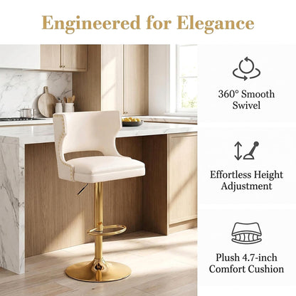 ROCITY Beige Bar Stools Set of 2 Swivel Counter Height Barstools with Back Faux Leather Bar Chairs with Gold Base Adjustable Modern Kitchen Island for Dining Room Home Bar, Rivet Decoration