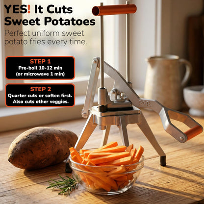 Commercial Grade French Fry Cutter, Sweet Potato & Yam Capable, Removable Legs and Case for Compact Storage, 3 Blade Sizes (1/4"- 3/8"- 6-Wedge), Potato, Fruit and Vegetable Slicer & Dicer by POP