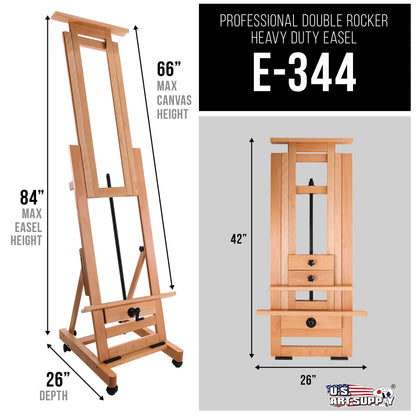 U.S. Art Supply Double Rocker Crank Heavy Duty Extra Large Wooden Studio Floor Standing Easel - Double Mast Adjustable H-Frame Art Easel for Painting, Canvas Holder, Display Stand with Locking Wheels