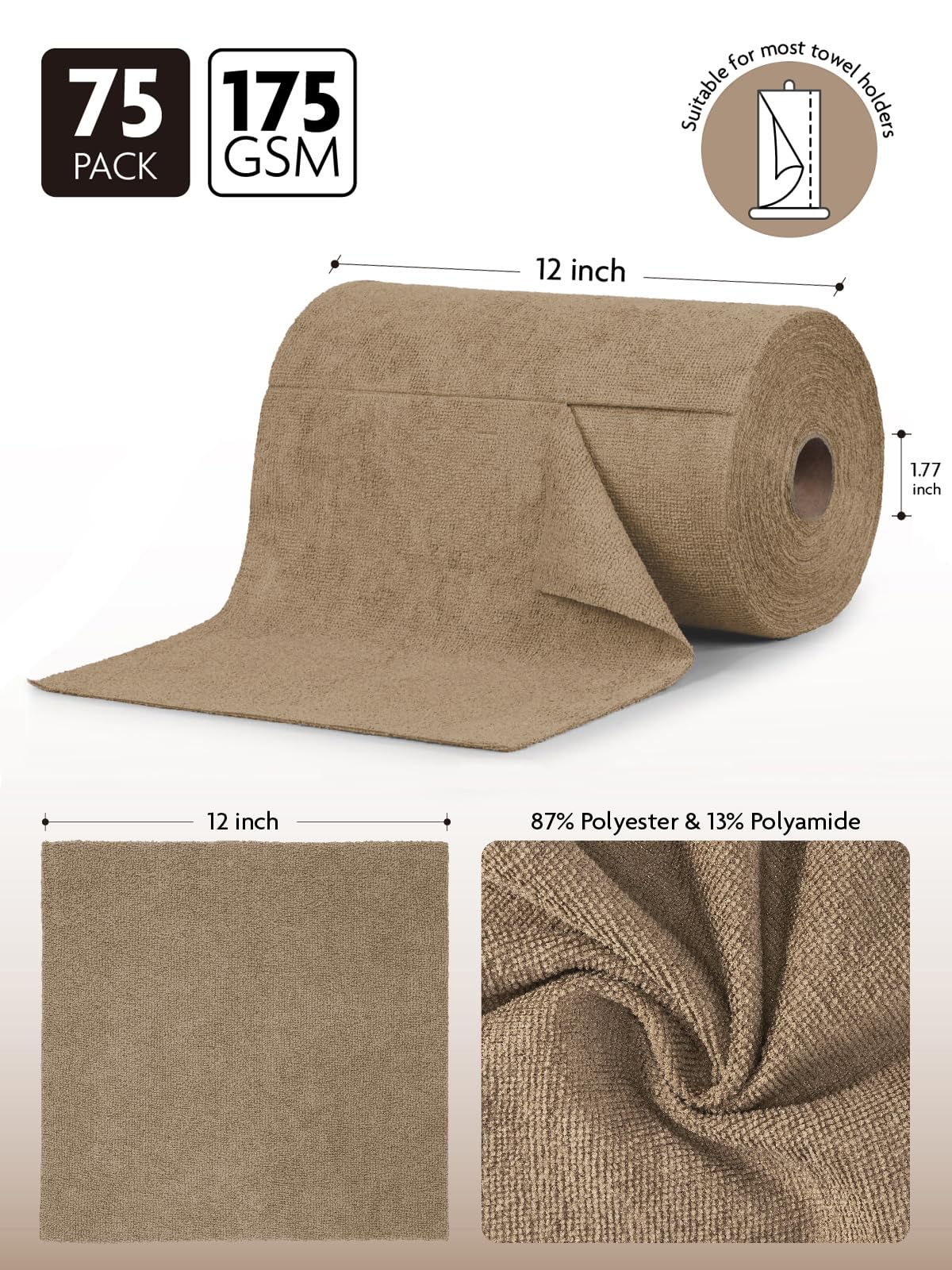 Fantasticlean Microfiber Cleaning Cloth Roll -75 Pack, Tear Away Microfiber Towels, 12" x 12", Reusable, Washable, Scratch Free, Ultra Absorbent for All-Around Cleaning Supplies (TAN)