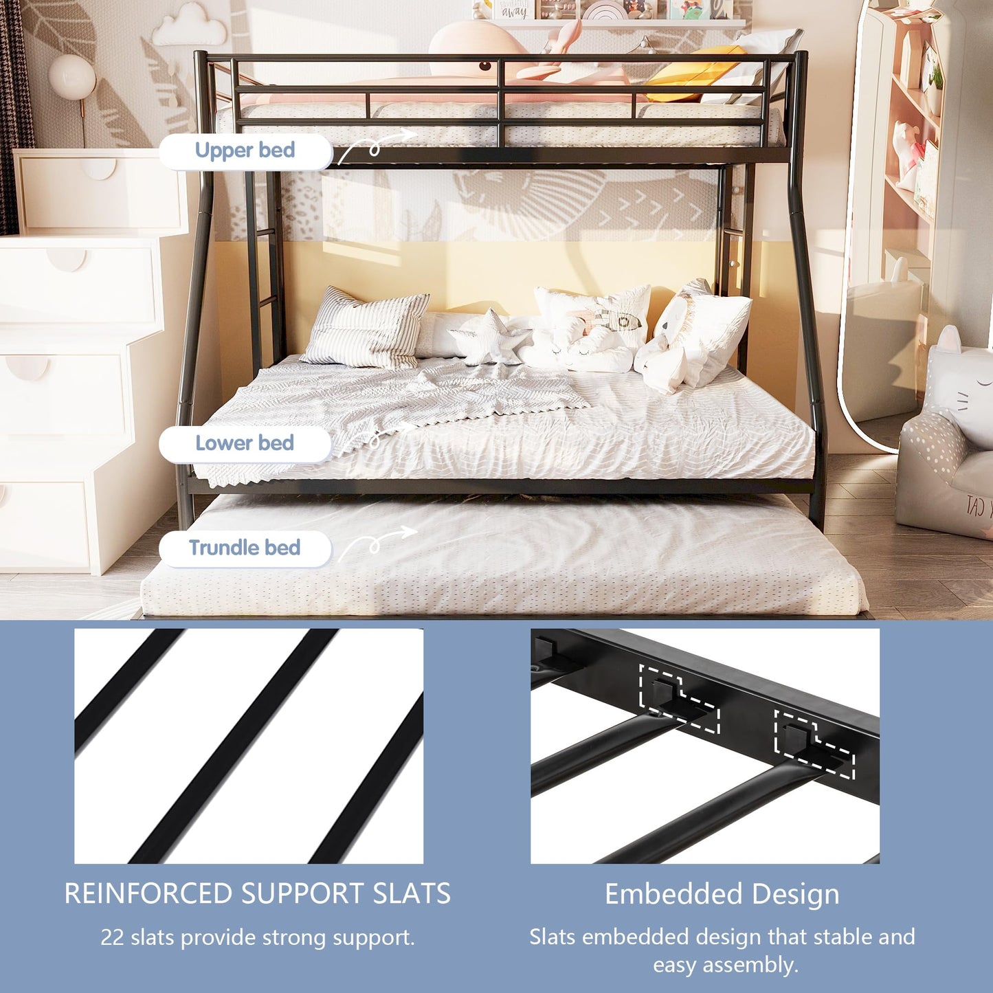 SUNLEI Twin Over Full Bunk Beds with Trundle, Heavy Duty Metal Triple Bunk Bed Frame, 3 Beds Space Saving Bunk Bed with Guardrails & Ladder, No Box Spring Needed, for Kids Teens Adults Bedroom, Black