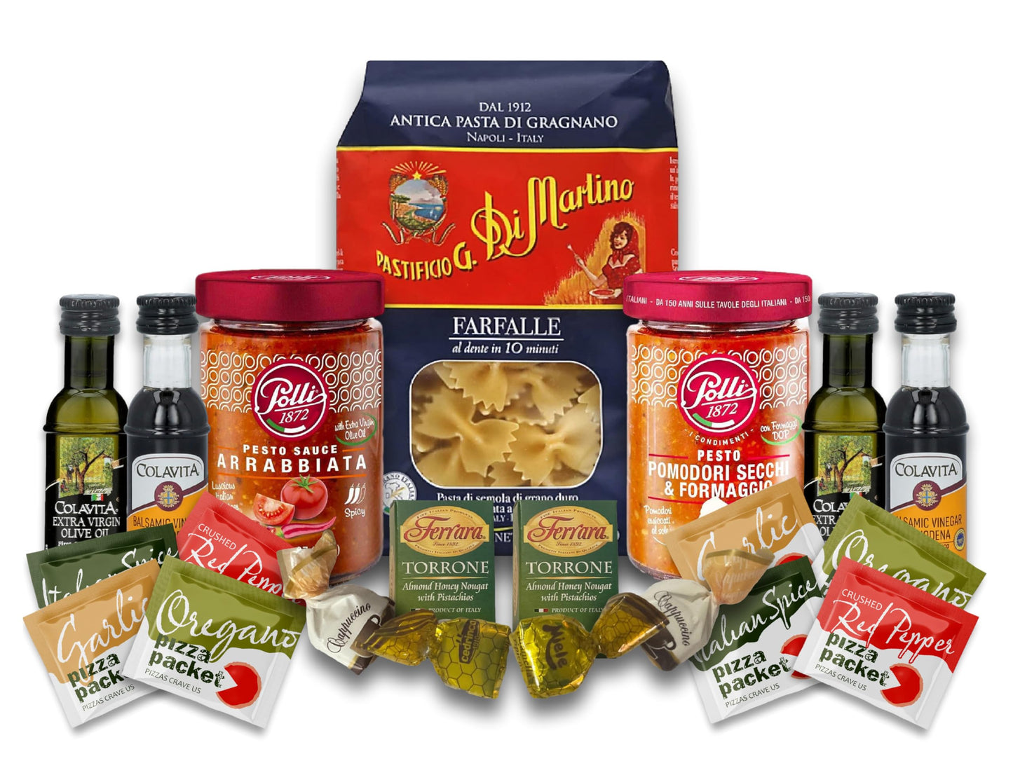 Imported Italian Dinner for Two Meal Kit - Sun-Dried Tomato Pesto, Spicy Arrabbiata Pesto, Pasta, Seasonings and Sweets Gift Box