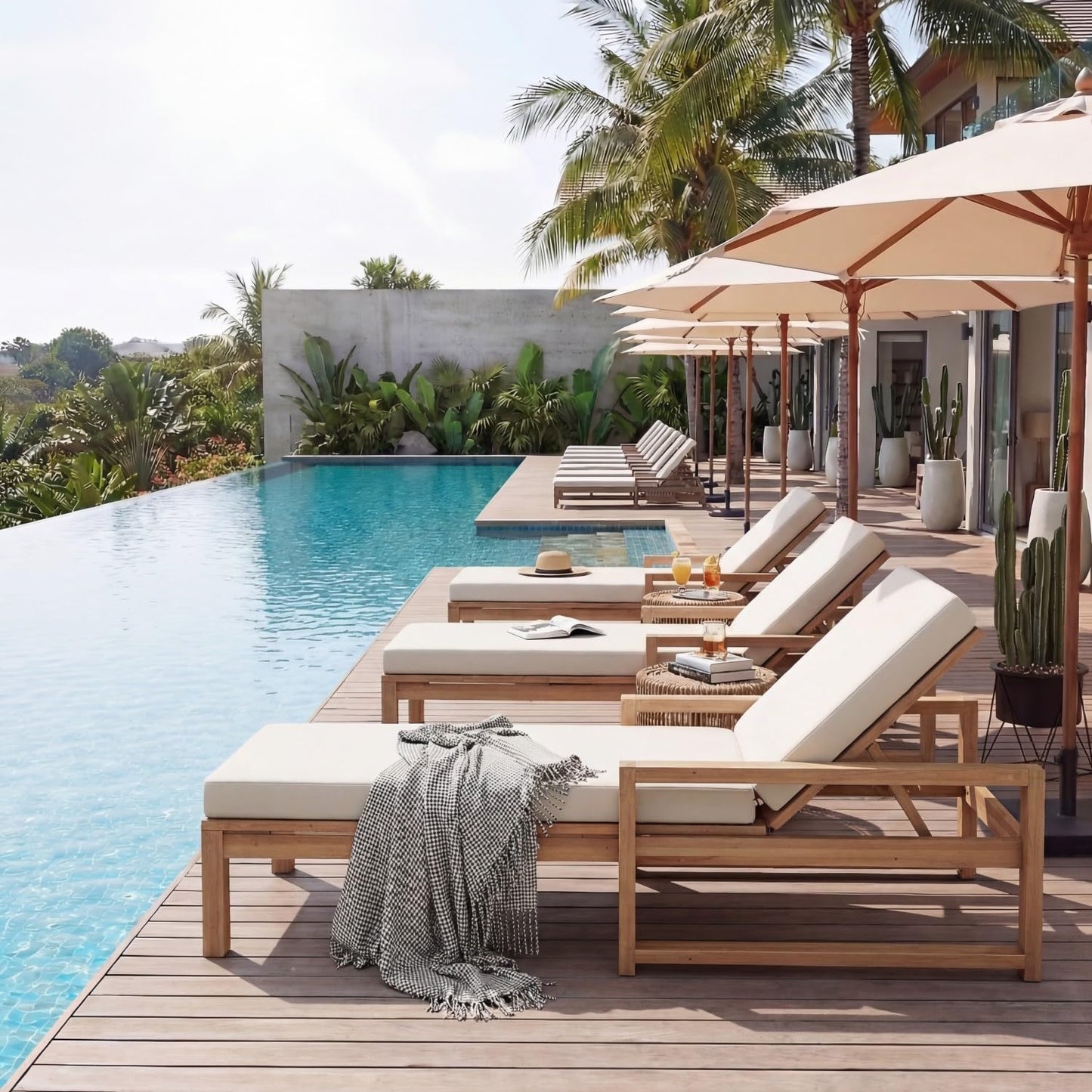 Outdoor Chaise Lounge Chair Set of 2, Patio Chaise Lounge Recliner with Adjustable Backrest, Acacia Wood Poolside Chaise Lounge with Thick All-Weather Cushions for Patio, Deck and Backyard(A)