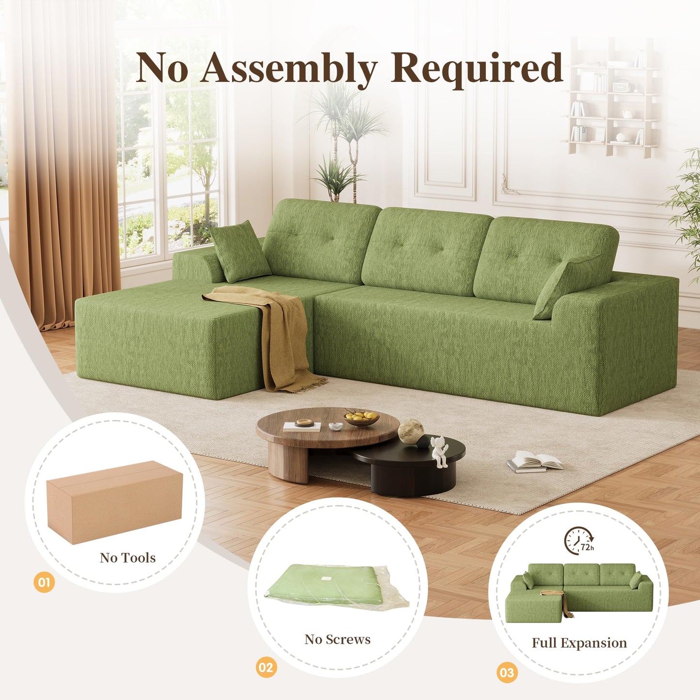Ball & Cast 106" Boneless Sectional Sofa, Chenille Modular L Shaped Couch with Deep Seat Chaise, Cloud Style Oversized Sectional Couch for Living Room, No Assembly, Left Facing, Green
