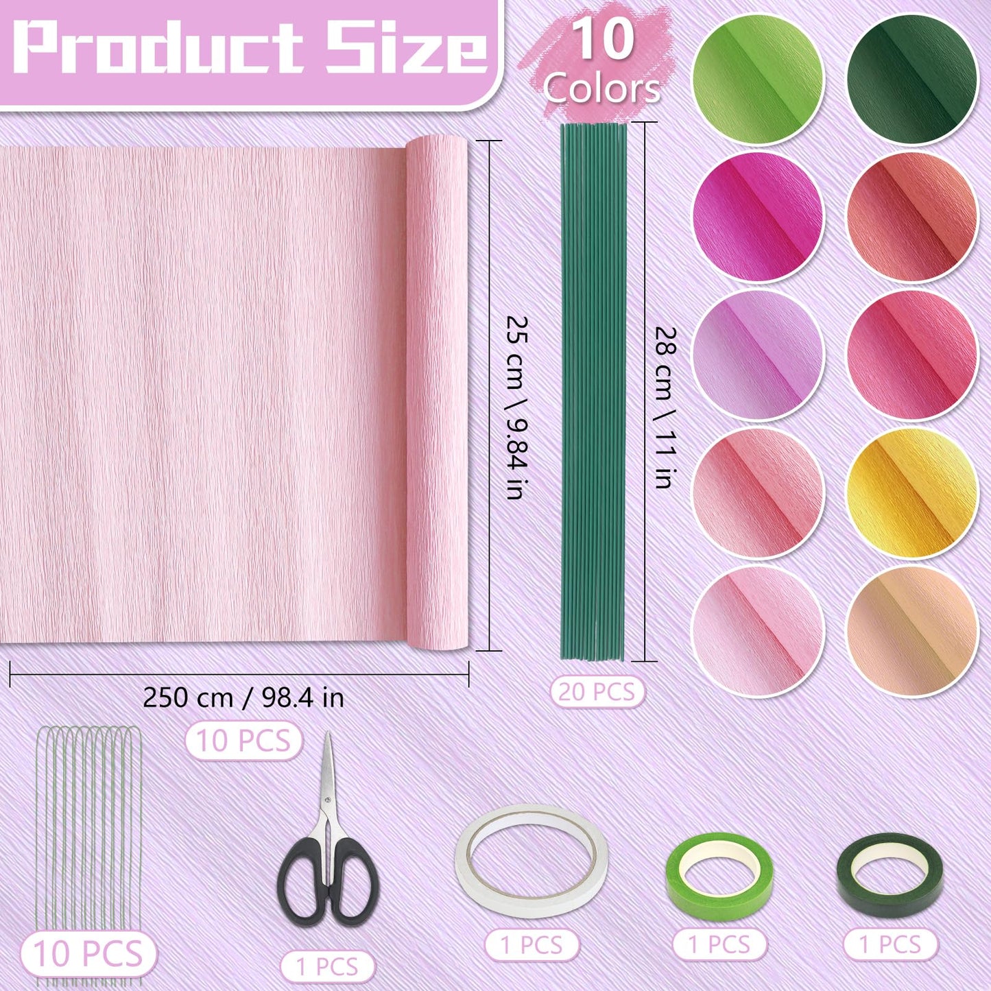 10 Roll Crepe Paper Streamers Rolls,10 Rainbow Colors,Floral Wire Ribbon Included,DIY Papel Crepe Flower Kit for Birthday, Wedding, Valentine's Day(9.8x98Inch/Roll) (Rainbow Colors)