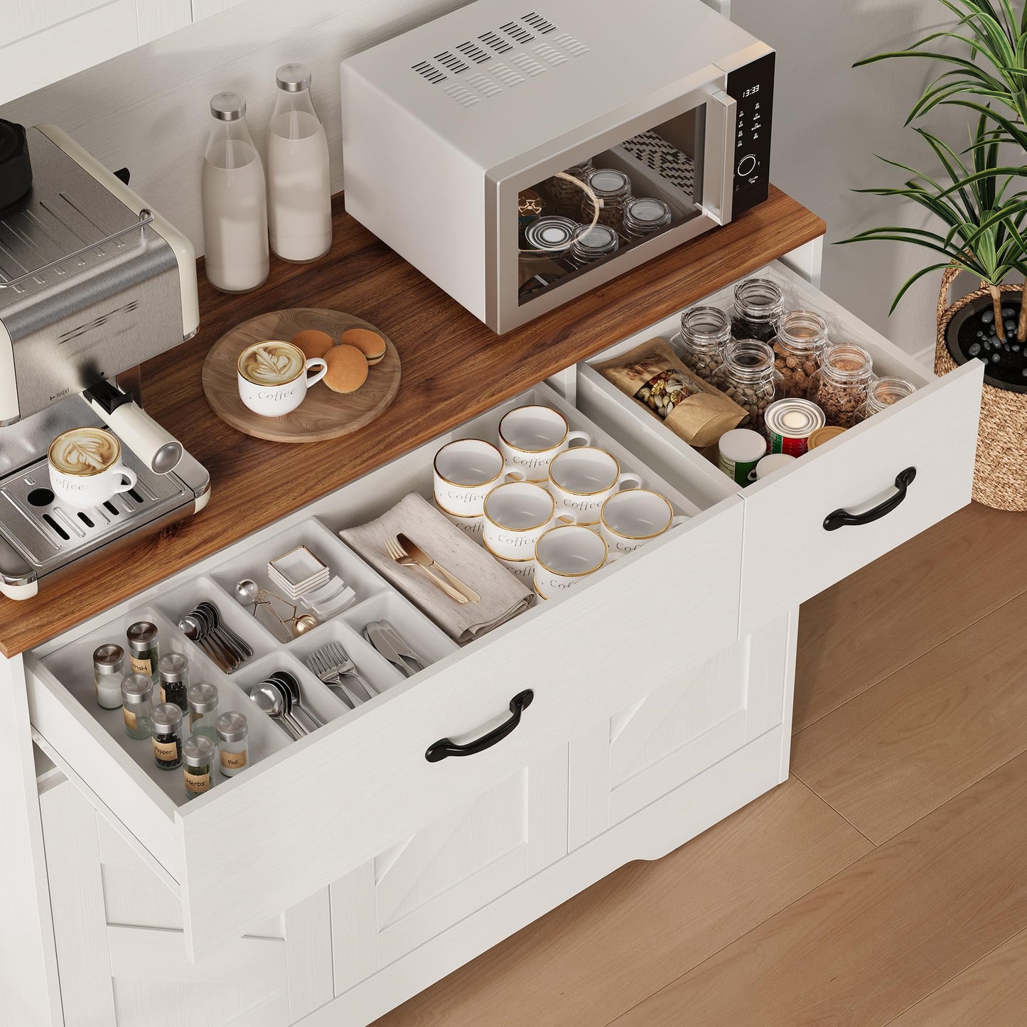IDEALHOUSE 71" Kitchen Pantry Storage Cabinet with Charging Station, Farmhouse Kitchen Hutch Cabinet with 2 Storage Drawers, Large Food Pantry with Microwave Stand for Dining Room,Living Room,White