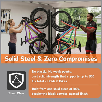 Freestanding Bike Storage Rack for 8 Bikes Heavy Duty Adjustable Bike Rack for Garage Organization & Storage Bike Rack with Hooks for Helmets and Accessories for Road, Mountain & Hybrid Bicycles